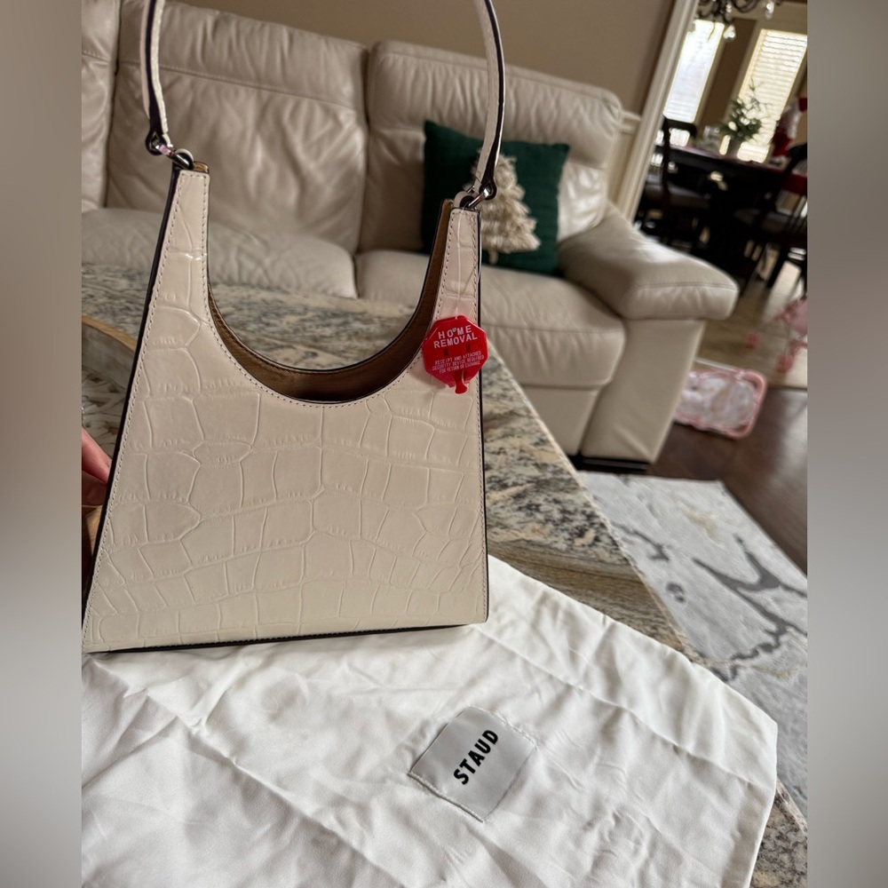 STAUD Cream Croc-Embossed Shoulder Bag